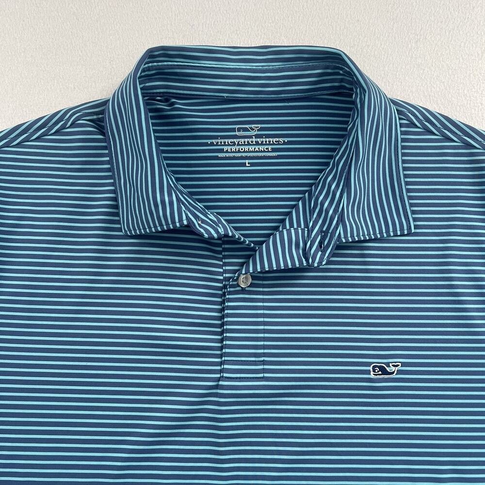 Vineyard Vines Men Blue Bradley Stripe Sankaty Performance Short Sleeve Polo L